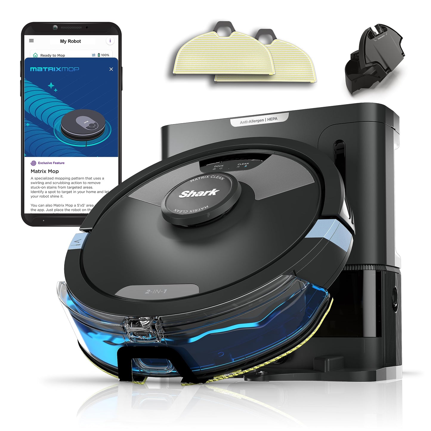 Shark Matrix Plus 2in1 Robot Vacuum & Mop with Sonic Mopping, Matrix Clean, Home Mapping, HEPA Bagless Self Empty Base, CleanEdge, for Pet Hair, WiFi, Black/Mocha, AV2630WA