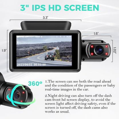 Dual Dash Camera 1440P Front + 720P Inside