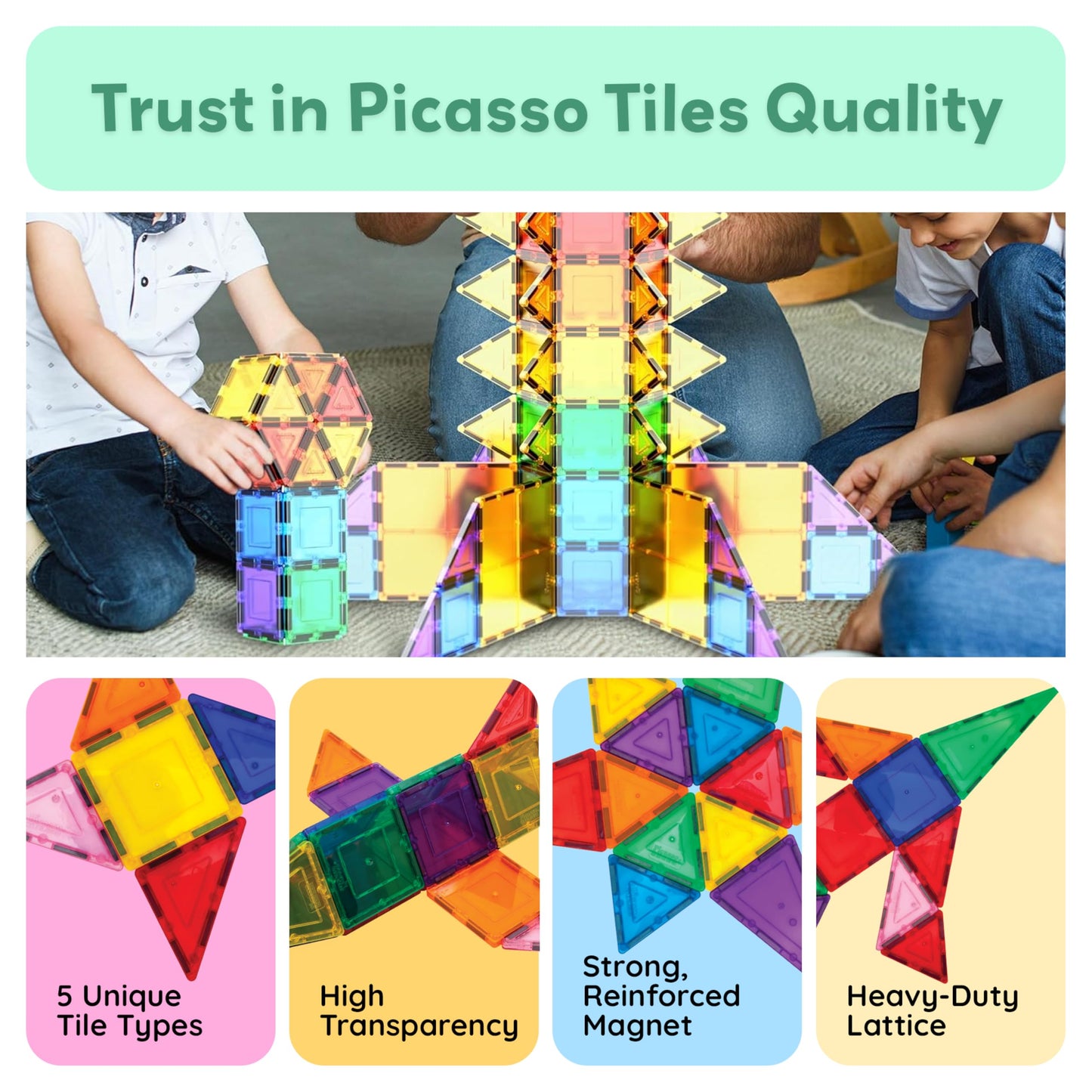 PicassoTiles 100 Piece Magnetic Playboards Tiles Set Magnet Toys for Toddlers STEM Building Blocks Sensory Creative Kids Manipulative Preschool Learning Construction Toy Ages 3+ Boys Girls - PT100