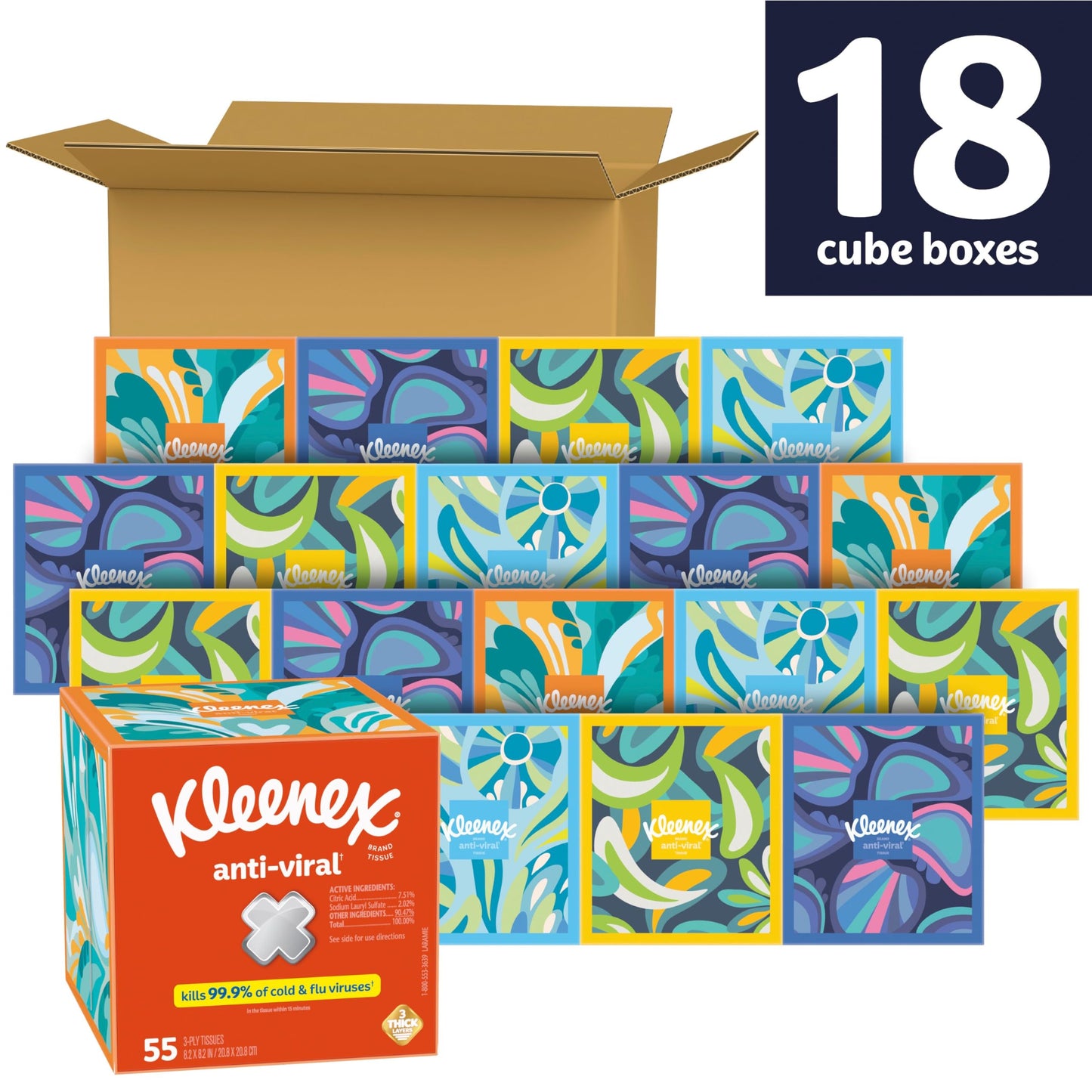 Kleenex Anti-Viral Facial Tissues, 18 Cube Boxes