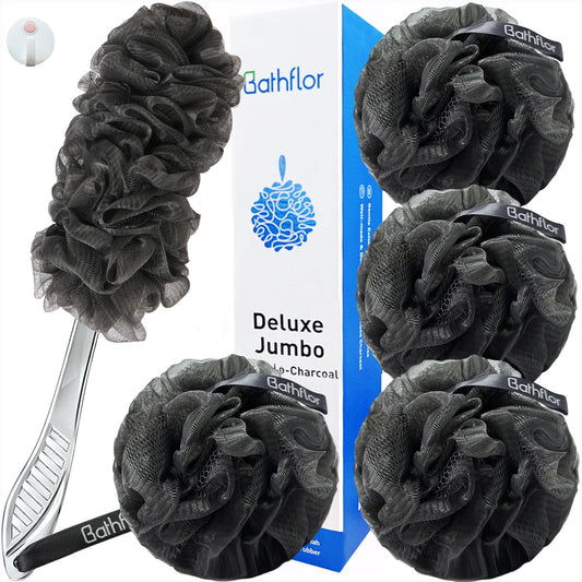 Bathflor Shower Loofah Sponge Exfoliating Body Scrubber 80g, Charcoal Loofa for Women & Men Bath Wash: 1 Long Handle Back Brush Plus 4 Packs Extra Large 80g Soft Mesh Luffa Poufs, 1 Lufa Hook (Gray)