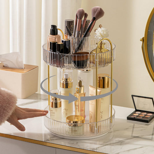 360 Rotating Makeup Organizer for Vanity, Menoeceus Spinning Bathroom Countertop Organizer Cosmetic Display Cases Makeup Tray for Skincare Organizers with Lipstick Organizer (2 Tiers Transparent)
