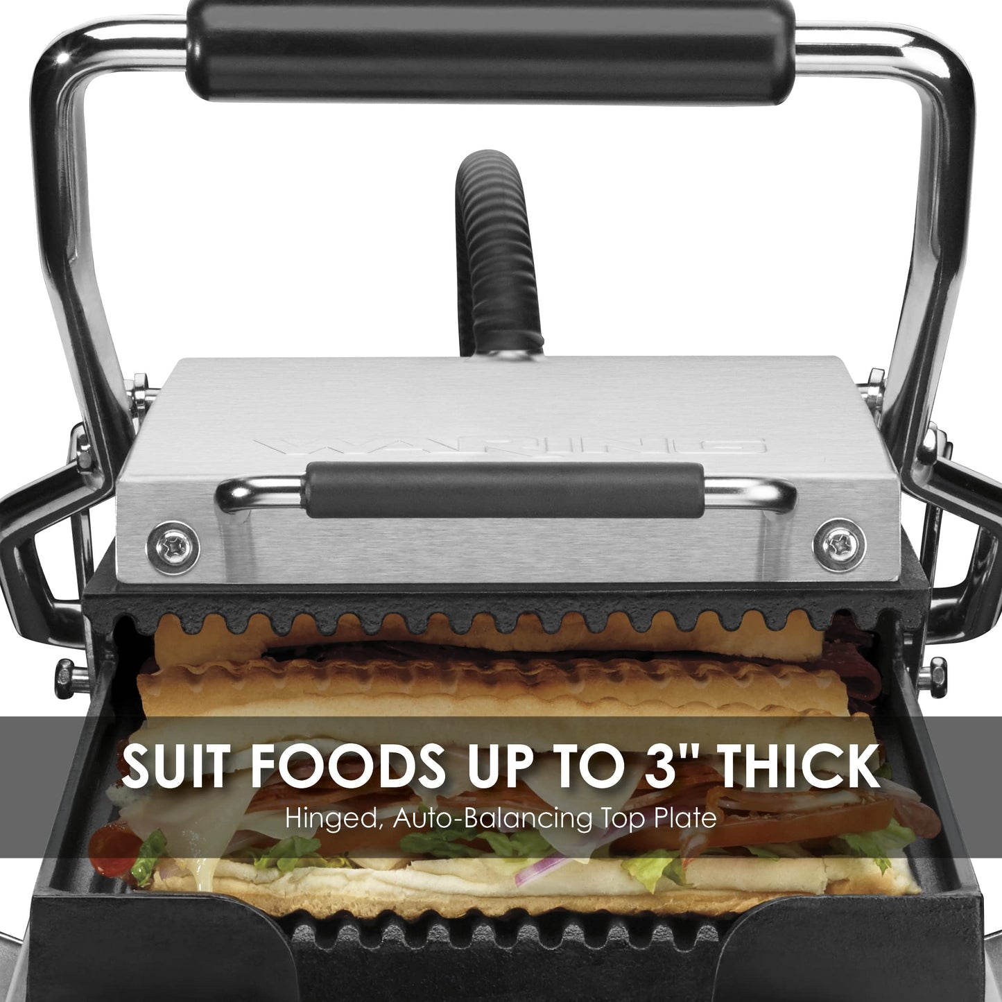 Waring Commercial WPG200 Panini Compresso Slimline Ribbed Grill, 120V, 1800W, 5-15 Phase Plug