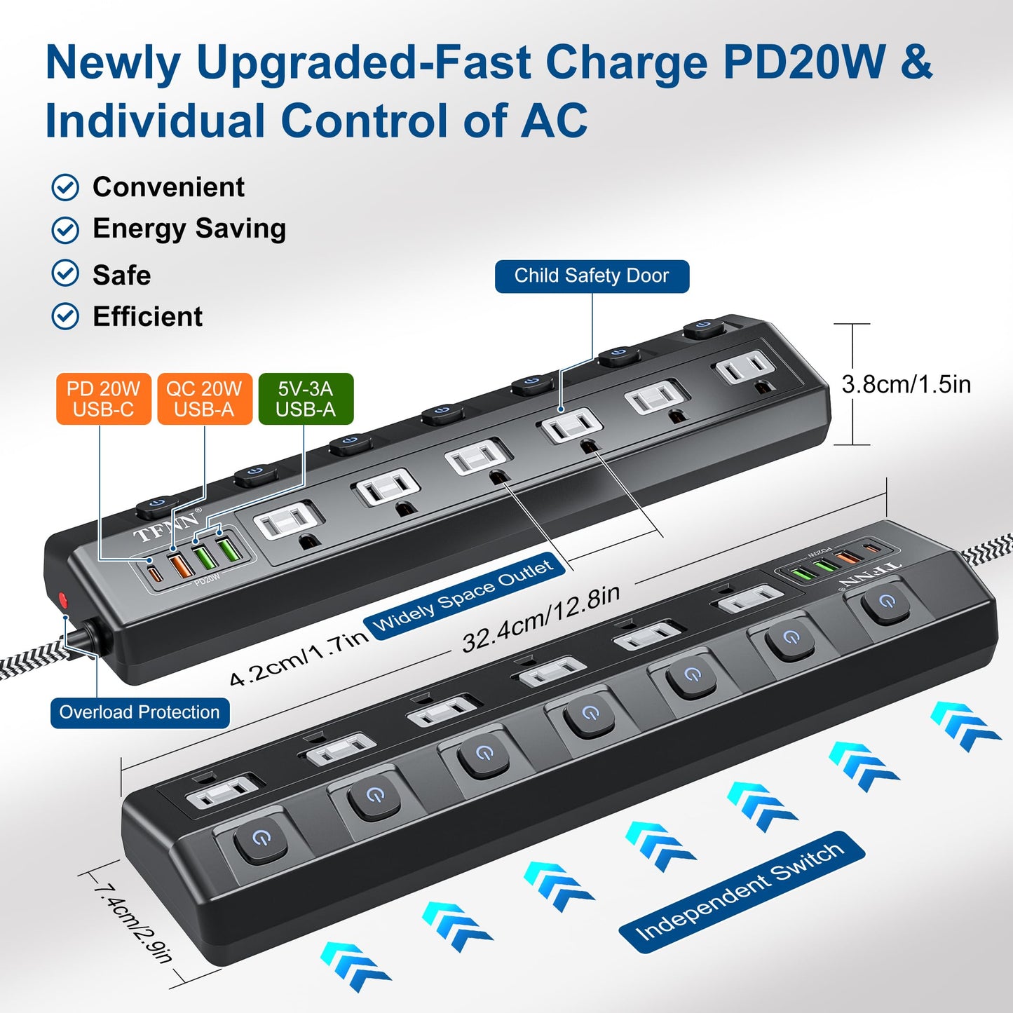 Power Strip with USB Ports,5FT Total 70W 4 USB Charging Station,USB-C(PD 20W) 3USB-A(QC20W*1,5V3A*2),Individually Switchable 1875W Extension Cord with 6 Outlets,Overload Protection