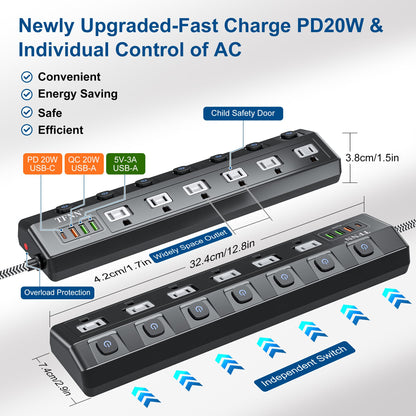 Power Strip with USB Ports,5FT Total 70W 4 USB Charging Station,USB-C(PD 20W) 3USB-A(QC20W*1,5V3A*2),Individually Switchable 1875W Extension Cord with 6 Outlets,Overload Protection