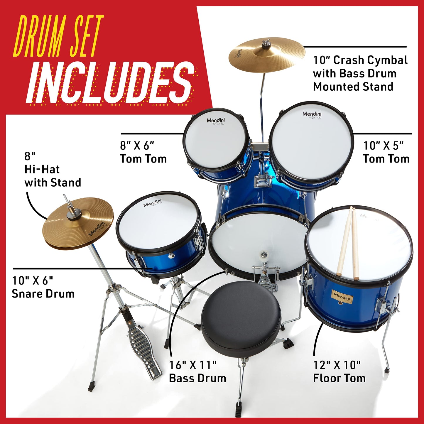 Mendini by Cecilio Kids Drum Set 5 Piece - Full 16in Youth Drumset with Bass, Toms, Snare Drum, Cymbal, Hi-Hat, Drumsticks & Seat for 5 to 12 Year Old and Beginner Adult Set - Blue