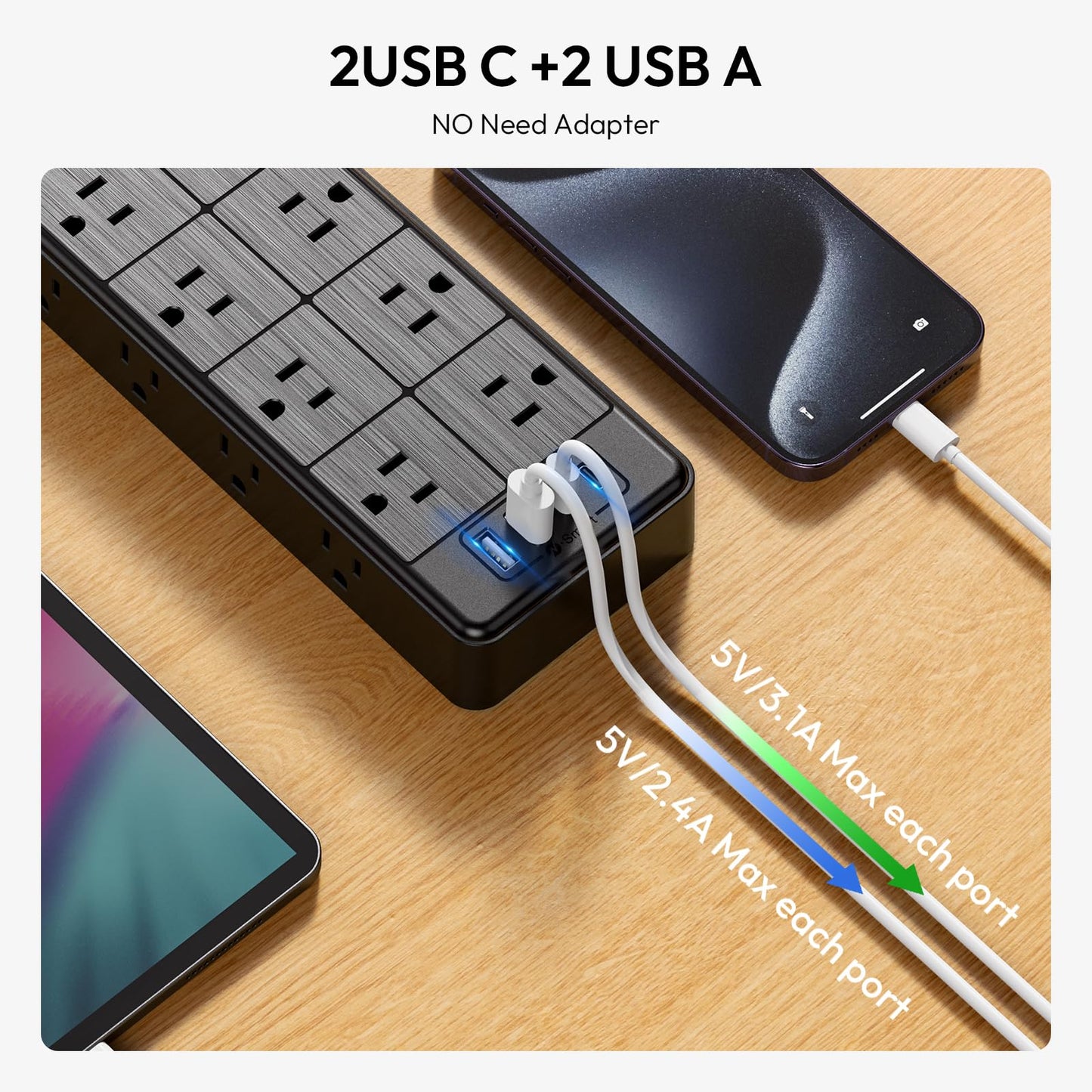 10 Ft NTONPOWER Surge Protector with USB Ports