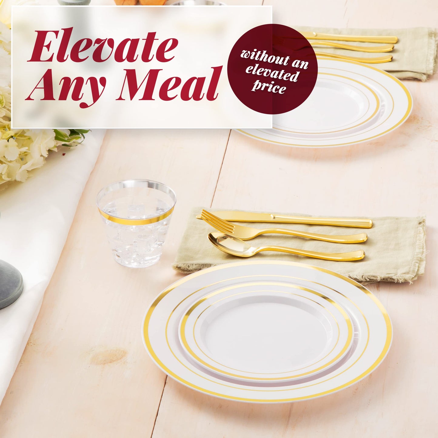 Prestee 600 Pc Disposable Dinnerware Set for 100 Guests - Gold - Reusable Party Supplies Set incl. 100 of Dinner Plates, Salad Plates, Knives, Forks, Spoons and Cups, Wedding Reception Supplies