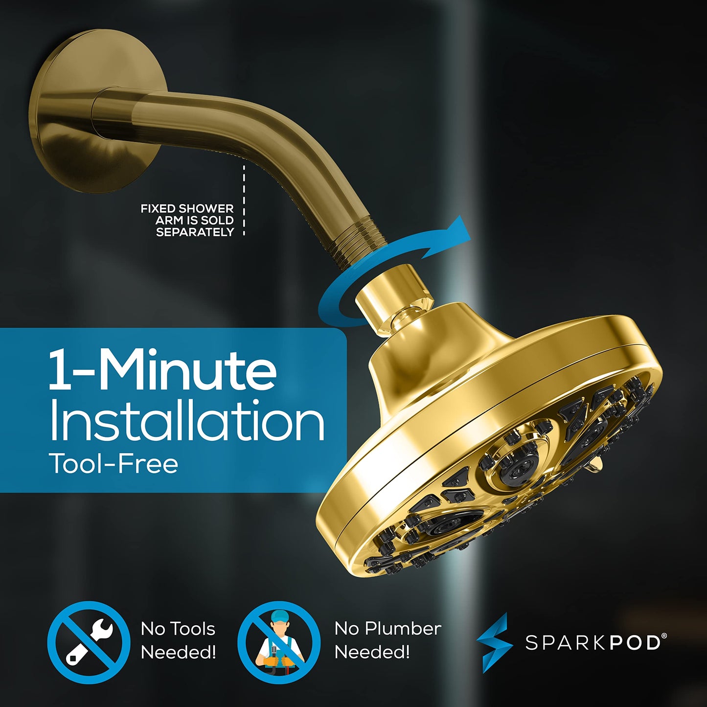 SparkPod Rain Showerhead with 8 Spray Settings - High Pressure Shower Head with Flow Restrictor - 5" High Flow Luxury Shower Heads with Anti-Clog Silicone Nozzles - 1 Minute Installation (Gold)