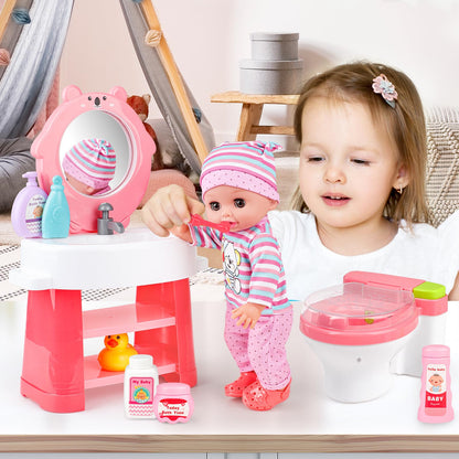 deAO 12 Inch Baby Doll Set 26 PCS Doll Playset with Bathroom Sink,Toilet,Bathtub and Accessories,Pretend Play Doll Toys with Sound and Light for 3 4 5 6 7 8 Years Old Kids Girls Boys