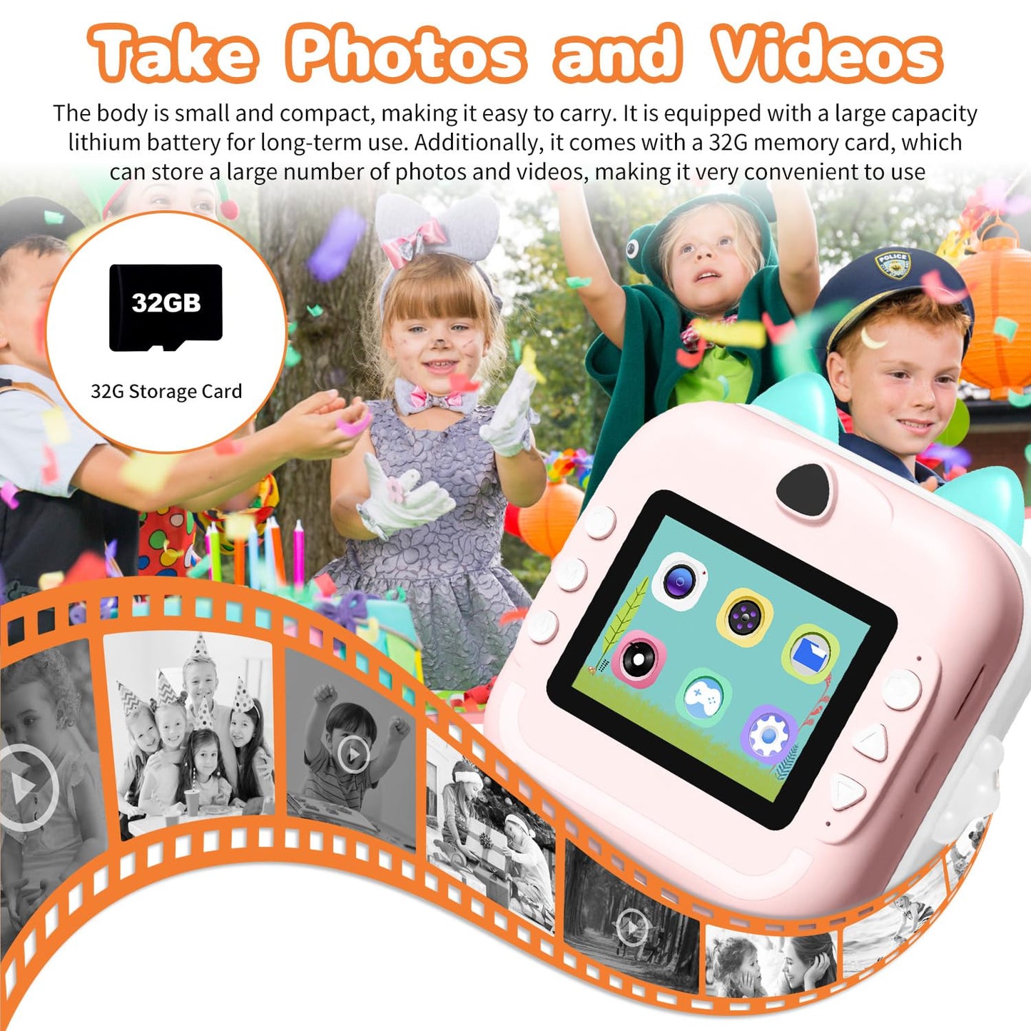 Instant Print Camera for Kids with 1080P Videos