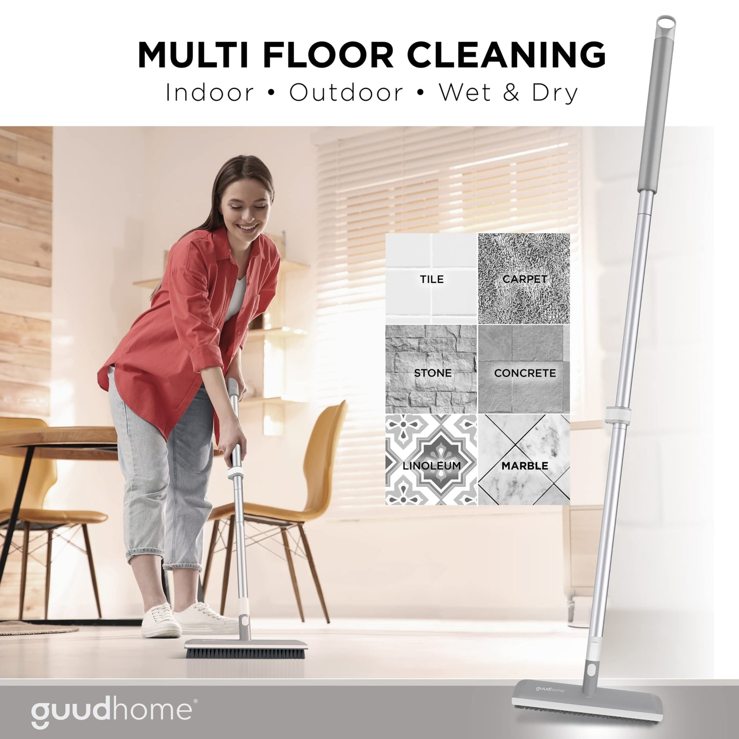 GUUDHOME Floor Brush Scrubber with Long Handle 55.3” - 2 in 1 Scrub N Scrape - Strong Extendable Stiff Floor Brush – Shower Tub Tile Wall - Deck Brush for Heavy Duty Cleaning – Brush Never Falls Off