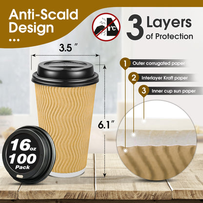 Ginkgo 100 Pack Disposable Coffee Cups with Lids 16 oz, Insulated Ripple Wall To Go Paper Cups for Party Home and Travel - Beige