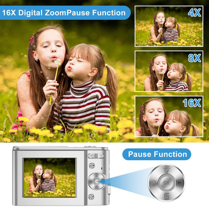 Digital Baby Camera for Kids Teens Boys Girls Adults,1080P 48MP Kids Camera with 32GB SD Card,2.4 Inch Kids Digital Camera with 16X Digital Zoom, Compact Mini Camera (Silver)