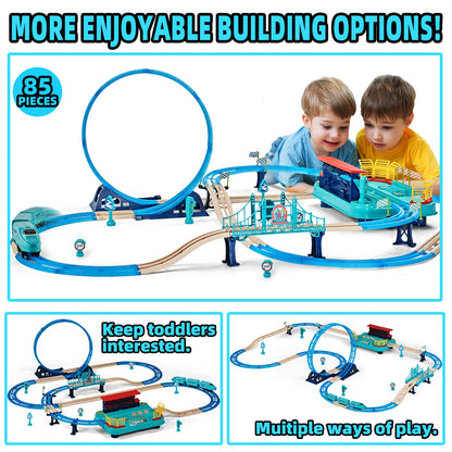 Toy Train Race Track Set 85pcs - Battery-Powered Electric Toddlers Travel Train Railroad Toy, Glow in The Dark High Speed Railway Racer Car Track Playset, DIY Birthday Gifts for Kids Boys Girls