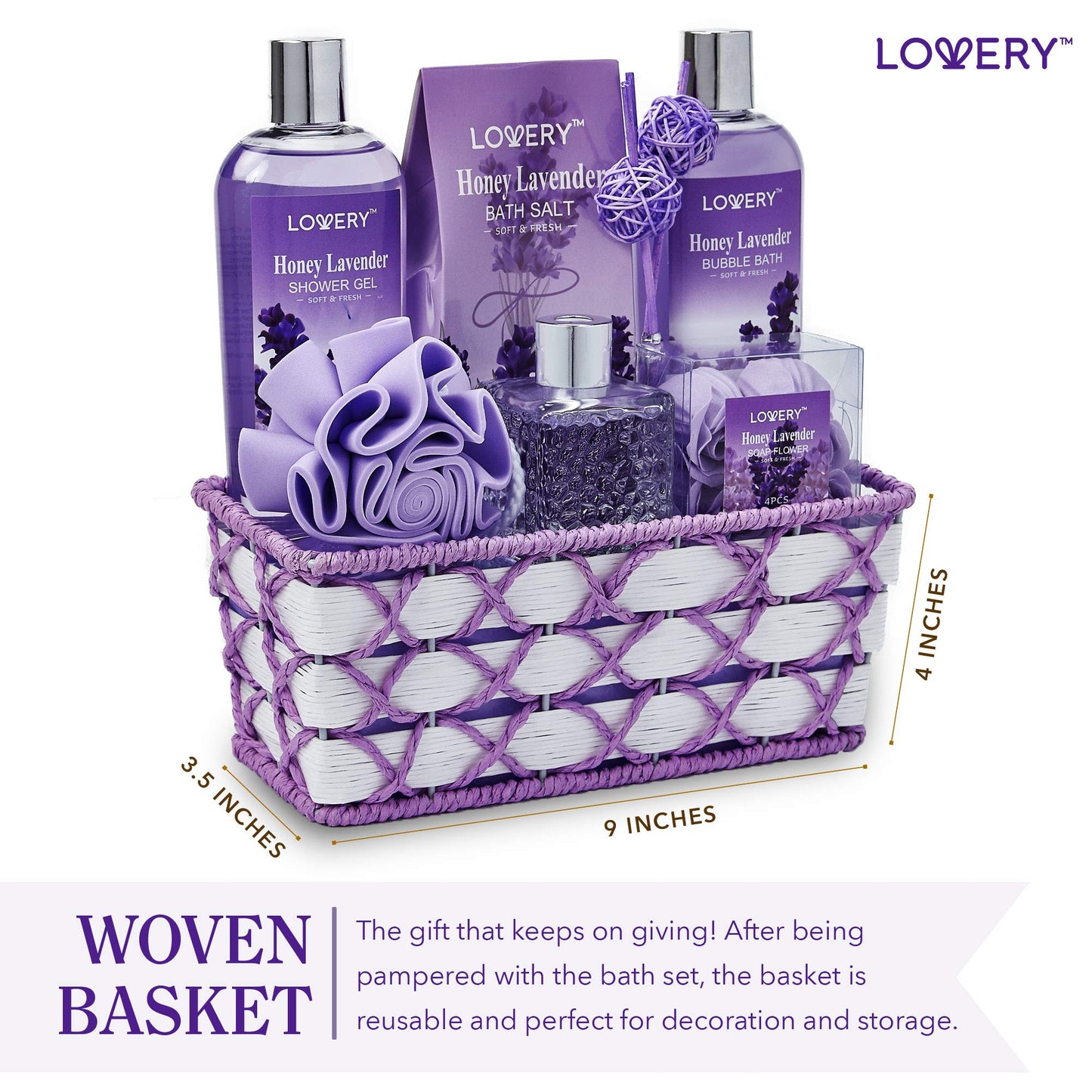 Christmas Gifts, Bath and Body Gift Basket For Women and Men, Honey Lavender Home Spa Set with Essential Oil Diffuser, Soap Flowers, Bath Salts, Bubble Bath and More - 13 Pc Set Presents for Mom