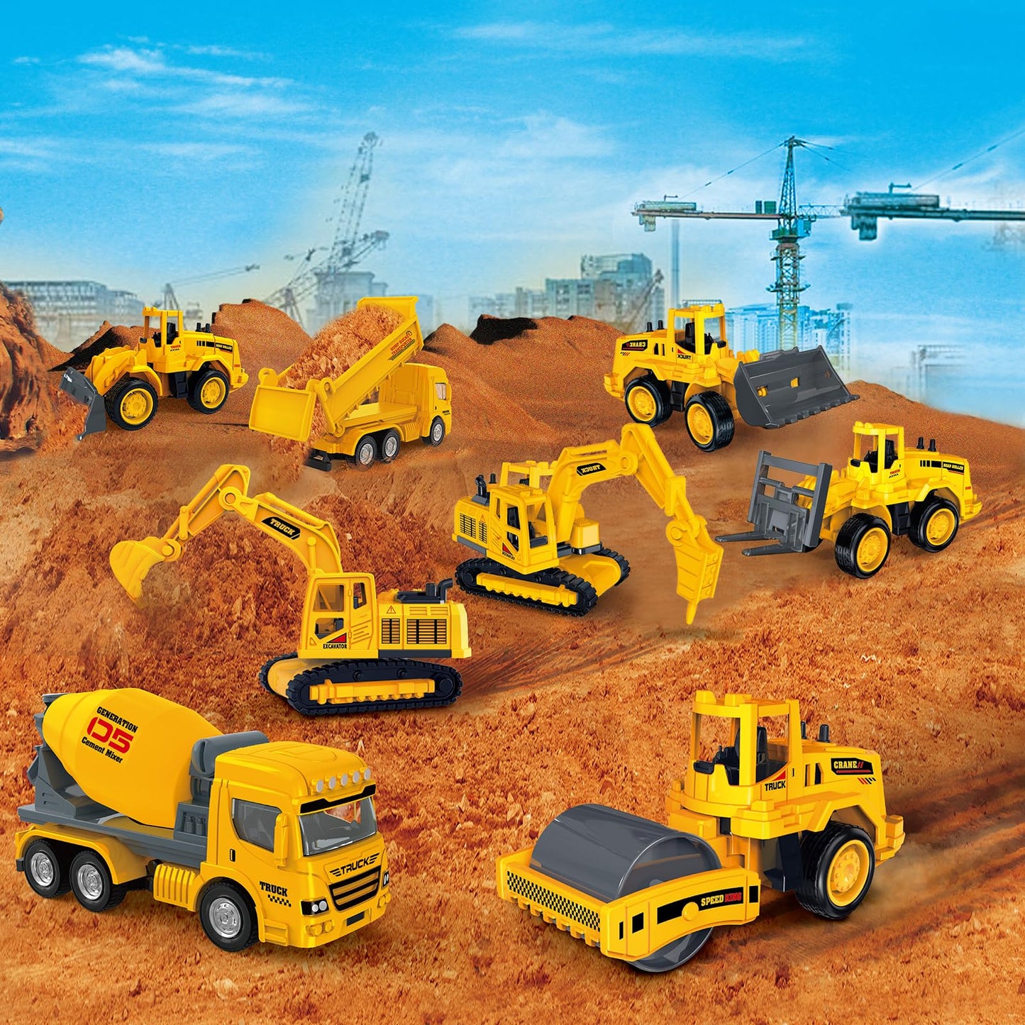 deAO Die Cast Construction Toy Trucks Set with Play Mat, 8 Construction Vehicles with Road Signs Crane, Bulldozers Excavator Cement Dump Digger Toys, Toddler Boys Toys for Kids Age 3 4 5 6 Birthday