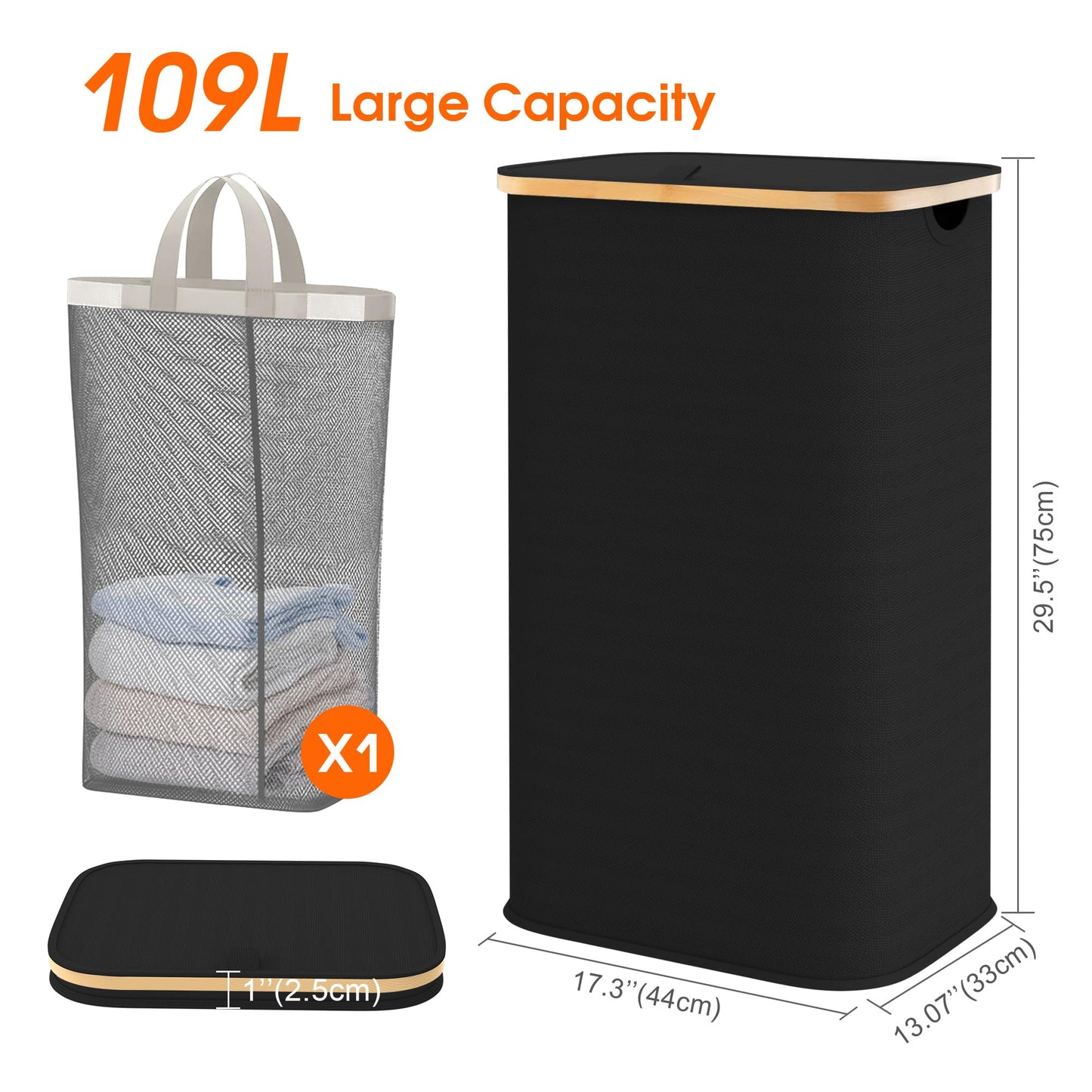 109L Laundry Hamper with Lid, Waterproof Large Laundry Basket with Lid and Removable Bag, Collapsible Tall Clothes Hamper with Bamboo Handles for Clothes Toys in Dorm Bedroom Bathroom, Black