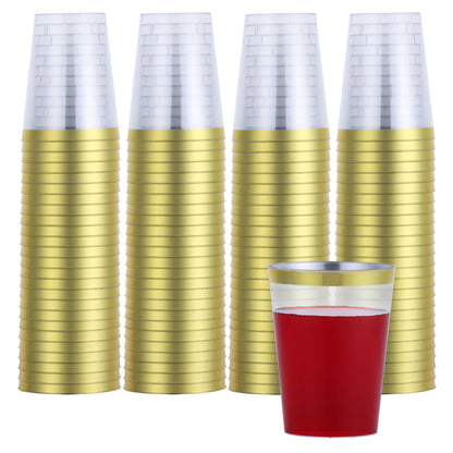 By Madee: HEAVYWEIGHT 100 Pack 10 oz Plastic Cups for Party | Gold Plastic Cups | Disposable Clear Cups with Gold Rim for Weddings, Birthday, and Elegant Events.