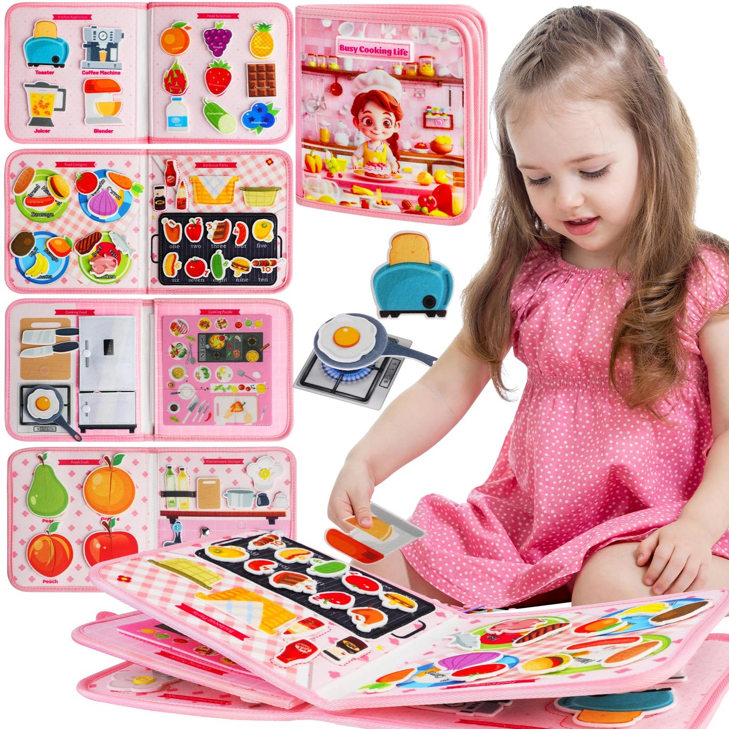 Quanquer Toddler Busy Board Montessori Toys for 1 2 3 4 Year Old - Cook Busy Book Educational Learning Sensory Toys for Boys Girls - Christmas Birthday Gifts for Toddlers Travel Toys for Airplane Car