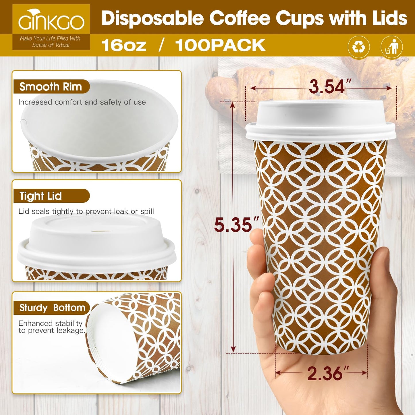 Ginkgo 100 Pack Disposable To Go Coffee Cups with Lids 16 oz, Brown Minimalist Pattern Paper Hot CoCoa Cups Suitable for Travel, Party, Shops Cafes