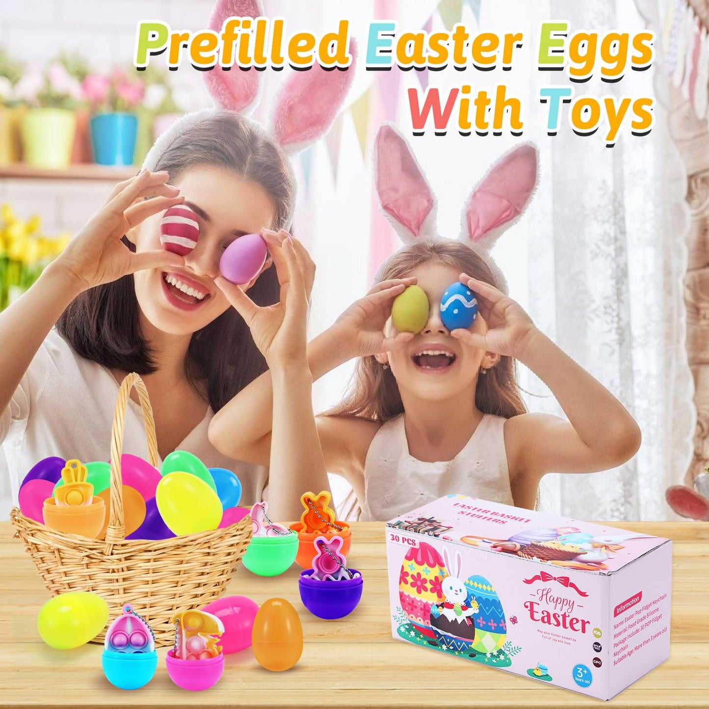 30 PCS Pop Easter Basket Stuffers for Kids Easter Egg Fillers Easter Party Favors Mini Pop Fidget Keychain Its Bulk Small Goodie Bags Stuffers for Toddler Boys Girls Prefilled Easter Eggs with Toys It