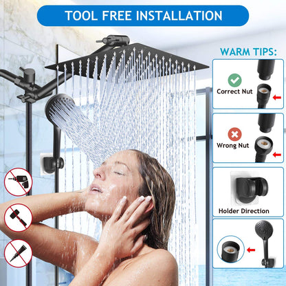 Shower Head Combo,10 Inch High Pressure Rain Shower Head with 11 Inch Adjustable Extension Arm and 5 Settings Handheld Powerful Shower Spray Against Low Pressure Water - Matte Black