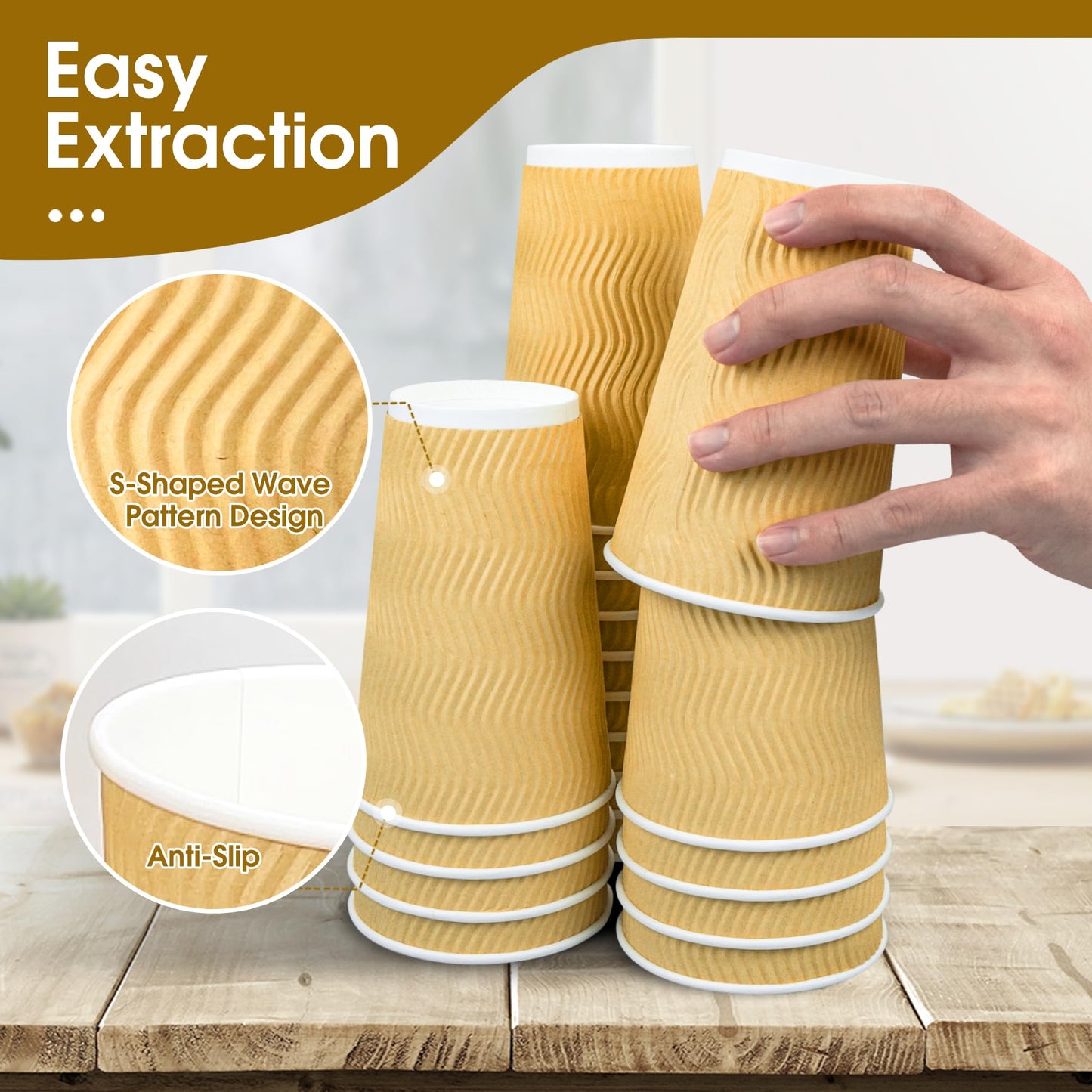 Ginkgo 100 Pack Disposable Coffee Cups with Lids 16 oz, Insulated Ripple Wall To Go Paper Cups for Party Home and Travel - Beige
