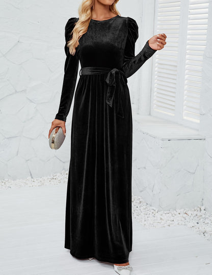 ZESICA Women's Velvet Maxi Dress with Puff Sleeves