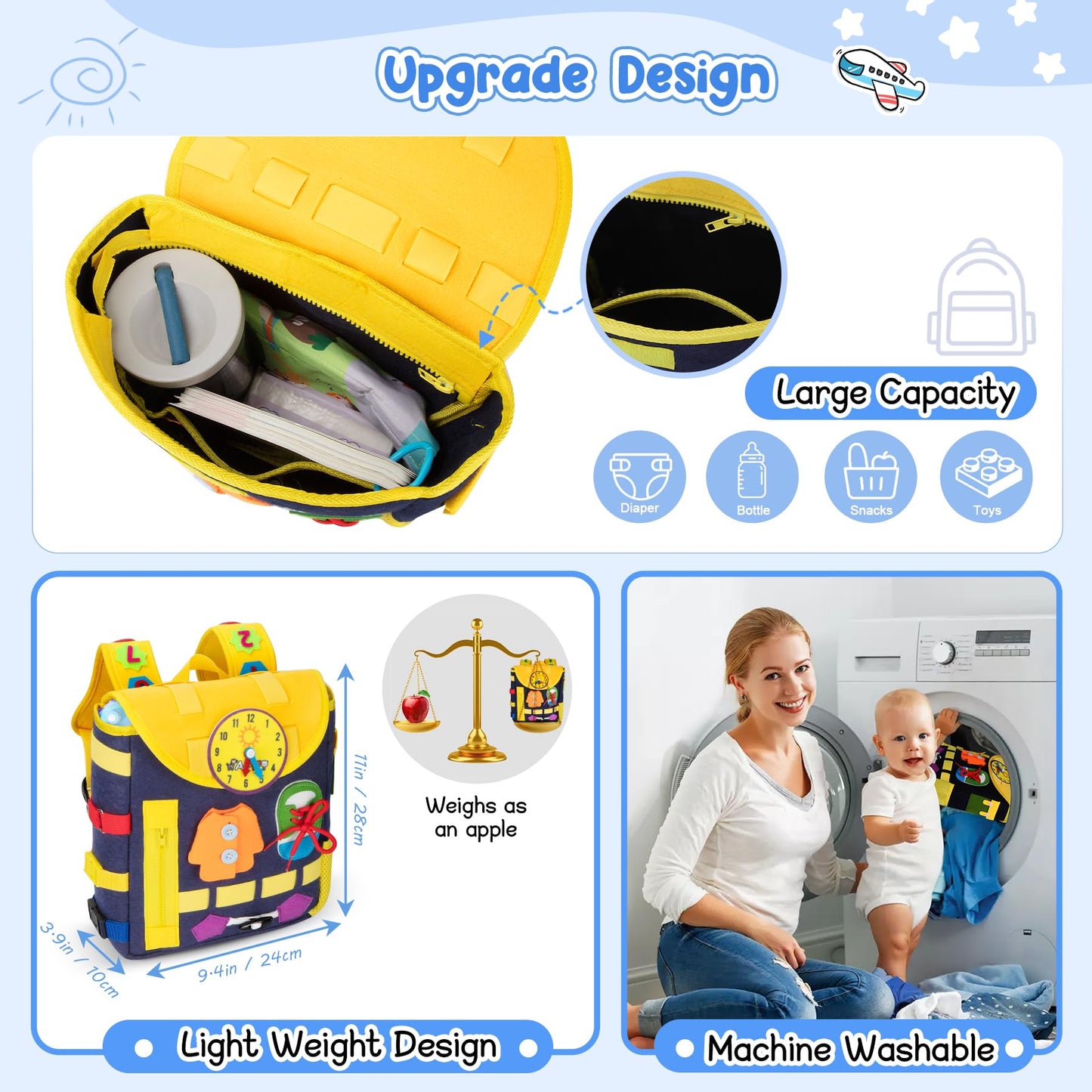 URMYWO Busy Board - Toddlers Backpack for 3-7 Year Old - Montessori Sensory Toys with Numbers Buckles - Develop Life Skills Learning Activity Fine Motor Skills Toddler Travel Toys Birthday Gifts