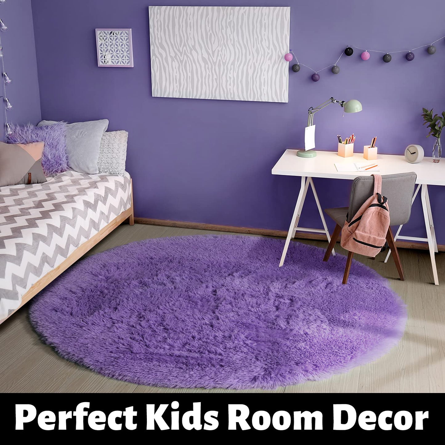 Purple Round Rug for Girls Bedroom,Fluffy Circle Rug 5'X5' for Kids Room,Furry Carpet for Teen's Room,Shaggy Circular Rug for Nursery,Fuzzy Plush Rug for Dorm,Purple Carpet,Cute Room Decor for Baby