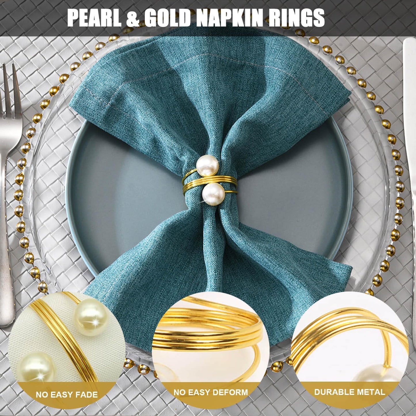 Pearl Gold Napkin Rings Set of 8, Round Metal Napkin Holders Buckles for Wedding Dinner Party Kitchen Table Setting Birthday Christmas Decorations