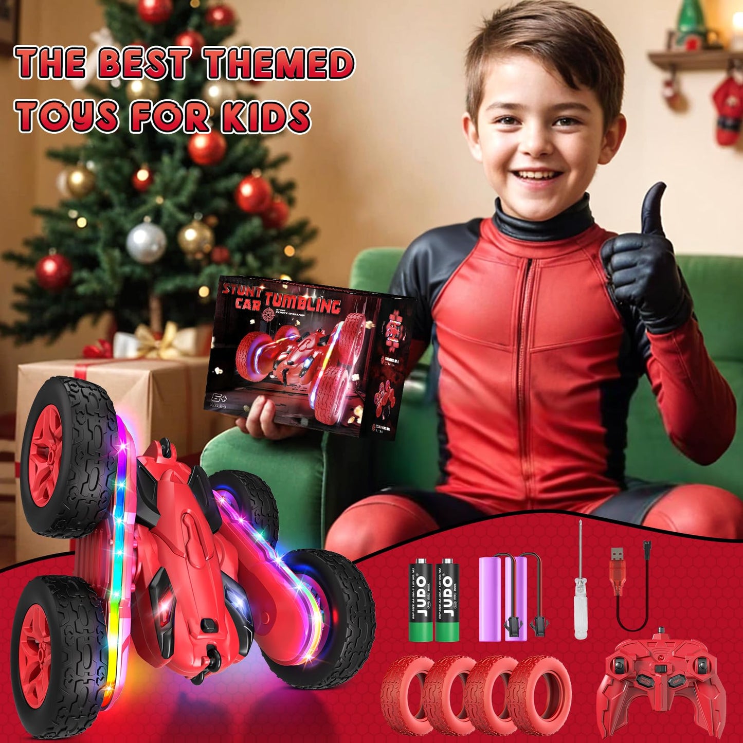 Jimdella Remote Control Car,RC Cars with Sides Light Strip and Headlights,Double Sided 360 Flips Rotating RC Stunt Car,2.4Ghz All Terrain Toys for Ages 5-7 Kids Toy for Boys Girls Birthday Gift(Red)