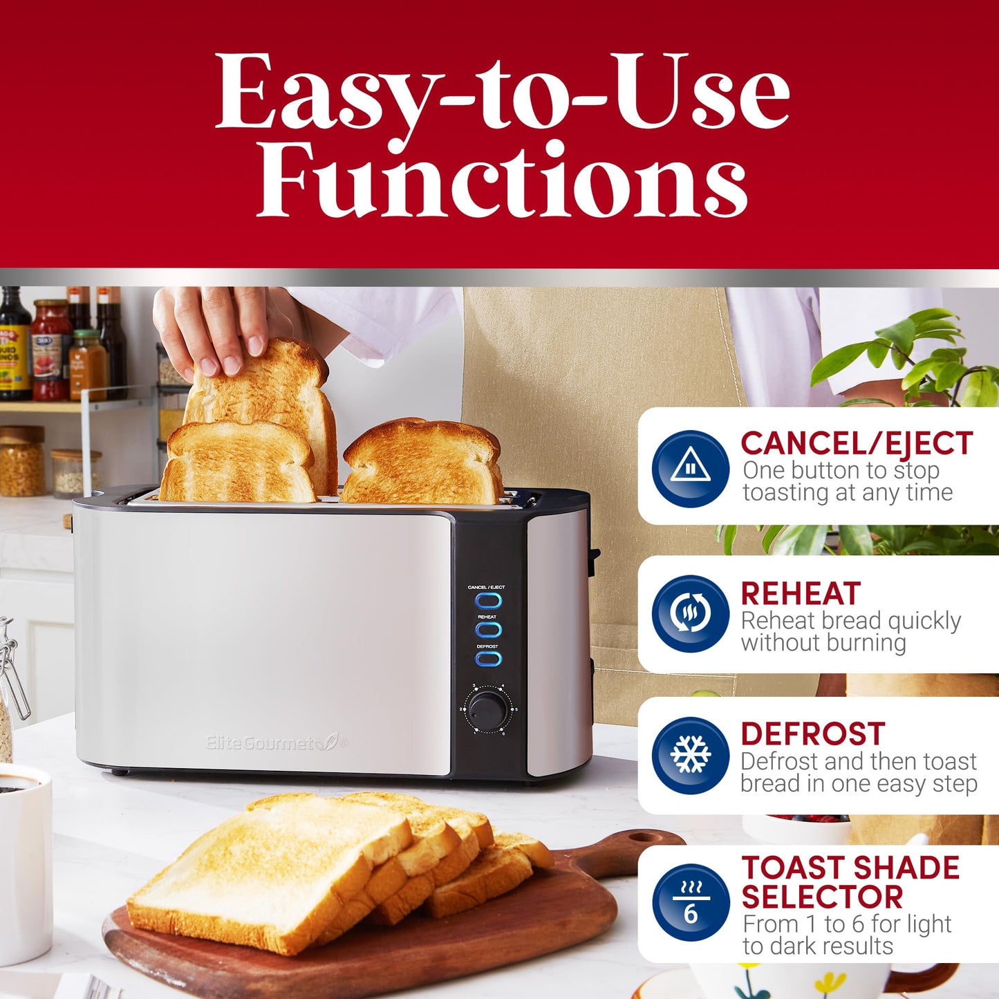 Elite Gourmet ECT-3100 Long Slot 4 Slice Toaster, Reheat, 6 Toast Settings, Defrost, Cancel Functions, Built-in Warming Rack, Extra Wide Slots for Bagels & Waffles, Stainless Steel & Black