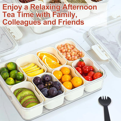 Divided Serving Tray with Lid and Handle, Portable Snackle Box Charcuterie Container with 16 Compartments & 16 Forks, Snack Container for Party, Fruit, Nuts, Candy, Entertaining, Picnic, 2 Pack