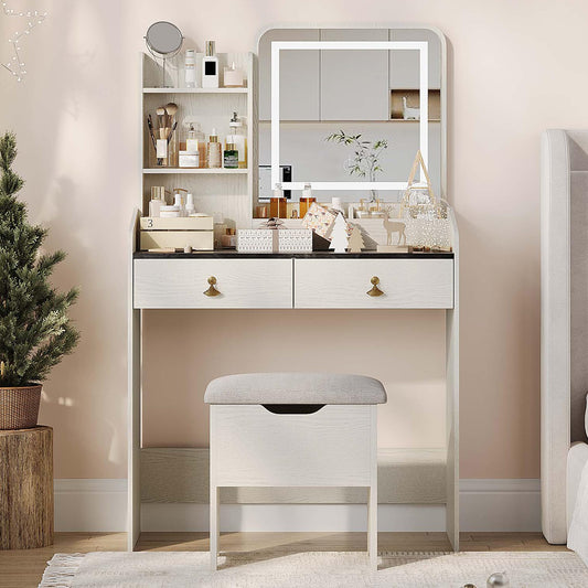 Vanity Desk with LED Mirror and Charging Station