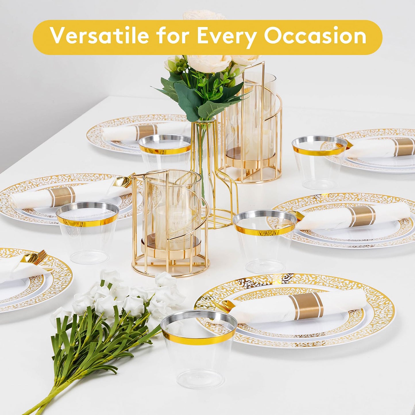 Goodluck 175 Piece Gold Plastic Dinnerware Set for 25 Guests, Disposable Lace Plates for Party, Include: 25 Gold Dinner Plates, 25 Dessert Plates, 25 Pre Rolled Napkins with Silverware, 25 Cups
