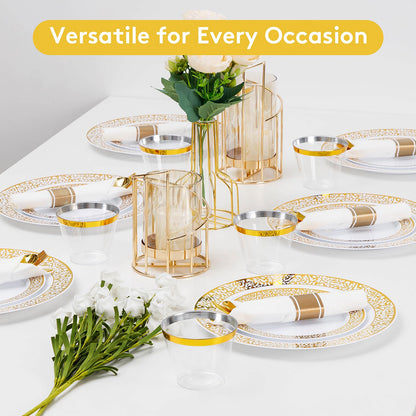 Goodluck 175 Piece Gold Plastic Dinnerware Set for 25 Guests, Disposable Lace Plates for Party, Include: 25 Gold Dinner Plates, 25 Dessert Plates, 25 Pre Rolled Napkins with Silverware, 25 Cups