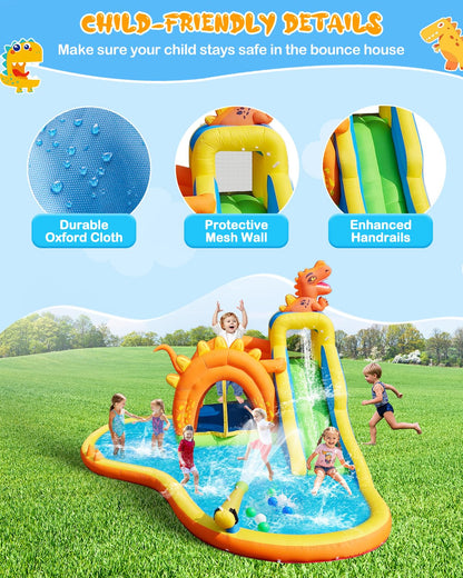 Dinosaur Inflatable Water Slide Park - 7 in 1 Bounce House with Slide, Jump Area, Splash Pool, Climbing Wall & Basketball Hoop | 480W Blower Included | Indoor/Outdoor Backyard Play for Kids 3-10