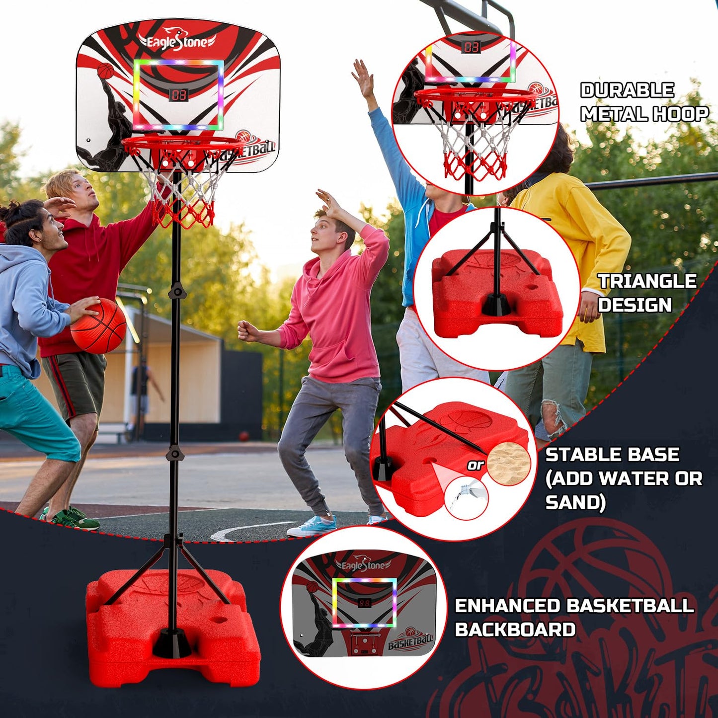 Eaglestone Kid Basketball Hoop Toddlers with LED Lights & Scoreboard, Basketball Hoop Adjustable Height 2.9ft-6ft, Mini Hoop Outdoor with 3 Balls,Basketball Toy Gifts for 3-12 Year Old Boys Girls