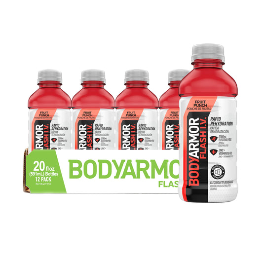BODYARMOR Flash I.V. Electrolyte Beverage, Fruit Punch, 20 Fl Oz (Pack of 12)