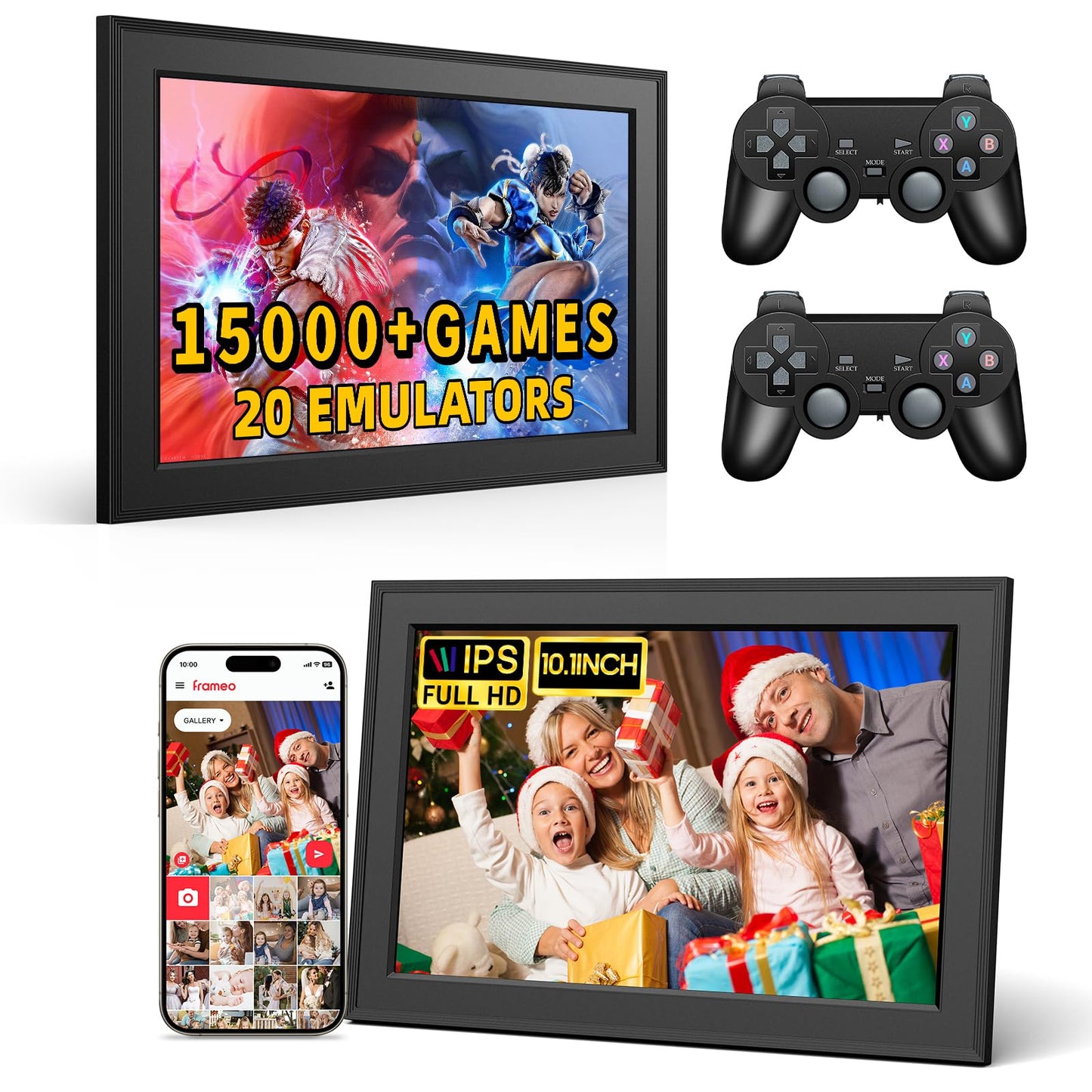 2024 NEW Retro Gaming Console With 10.1 Inch Frameo WiFi Digital Picture Frame 2K HD Output, 15000+ Plug and Play Video Games, 20 Emulator Console 2 in 1 Video Game Console With 2 Wireless Controllers