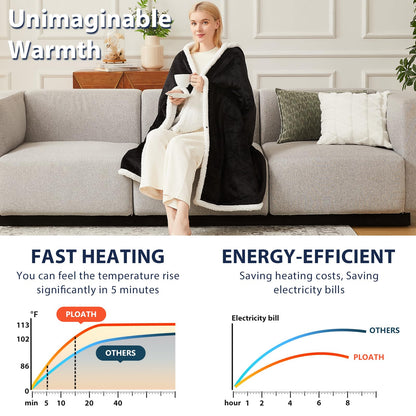 PLOATH Heated Electric Blanket Shawl: Heating Blanket Heated Throw Blanket Heated Poncho - Wearable Blanket Hoodie Wrap Sherpa with 10 Heating Levels & Multi Heating Time Settings (40x70'' Black)