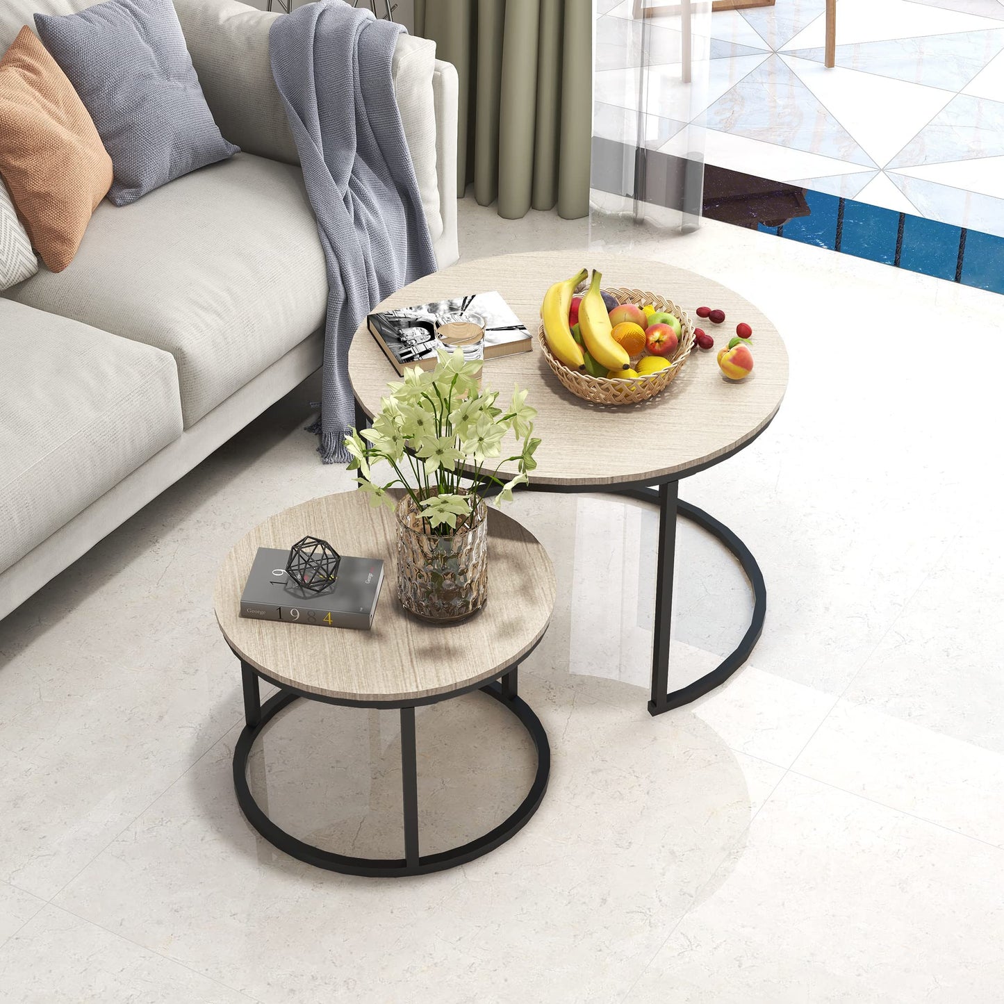 BOFENG Round Nesting Coffee Tables, Set of 2 End Tables for Living Room Balcony Office, Heavy Duty Stacking Side Tables, Premium Wooden Accent Furniture with Solid Metal Frame