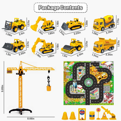 deAO Die Cast Construction Toy Trucks Set with Play Mat, 8 Construction Vehicles with Road Signs Crane, Bulldozers Excavator Cement Dump Digger Toys, Toddler Boys Toys for Kids Age 3 4 5 6 Birthday