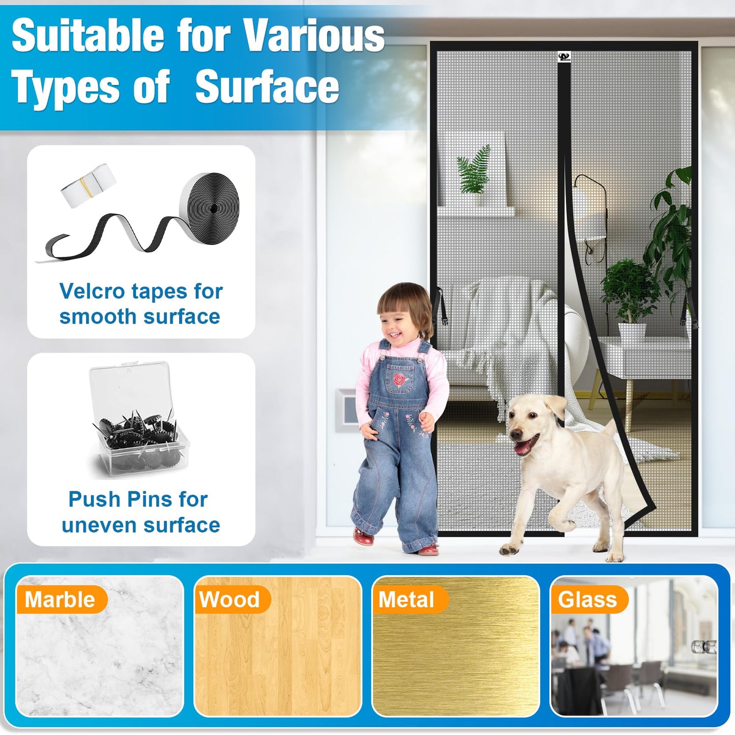 Aystkniet Upgraded Magnetic Screen Door for 30 x 80 Inch Door with 20cm Long Magnet, Reinforced Fiberglass Door Mesh for Front/French and Patio Doors, with Keep Open Strap, Self-Sealing, Hands-Free
