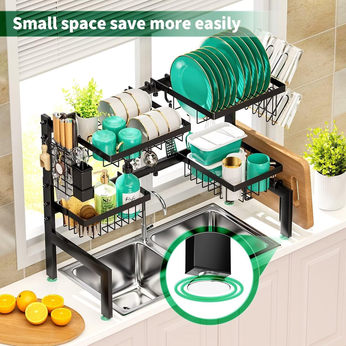 MOUKABAL Over The Sink Dish Drying Rack -Adjustable Over Sink Dish Rack- Length(25.9"-33.4")-Space-Saving -Multifunctional Over The Sink Dish Drainer Drying Rack for Kitchen Counter-Metal,Black