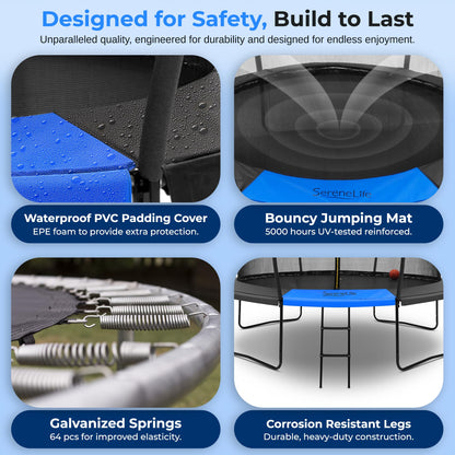 SereneLife 10ft Trampoline for Kids - Outdoor Recreational Backyard Trampoline with Net Enclosure, Basketball Hoop, Curved Safety Poles, UV-Tested Mat, Water-Resistant Padding, Up to 330 lbs.