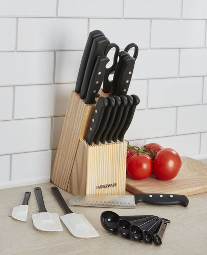 Farberware Triple Rivet High-Carbon Stainless Steel Knife Block and Kitchen Tool Set Precision Cutlery, 22 piece, Black