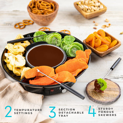 Kusini Electric Fondue Pot Set - Chocolate Fondue Kit - Temperature Control, Detachable Serving Trays, & 4 Roasting Forks - Gift Set & Date Night Idea. Serve at Movie Night or Game Night.